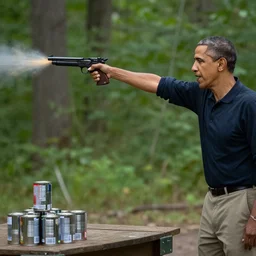 a photograph of barack obama with a gun, shooting at cans, forest environment, hd, 8 5 mm