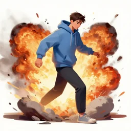 young man stepping out of a explosion, digital painting, concept art, hoodie, smooth, sharp focus, bright colors, illustration, artwork by viktoria gavrilenko