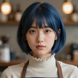 incredibly realistic, too detailed face of a barista lady, indigo bobcut, frilly turtleneck, octane render, bump mapping, macro image, global illumination, 8 k, bokeh, enki bilal, yuji himukai, jen zee, peter mohrbacher