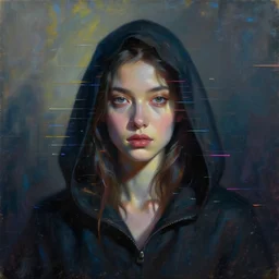 portrait of a hooded beautiful women, mysterious, shadows, by Guy Denning, by Johannes Itten, by Russ Mills, glitch art, hacking effects, chromatic, cyberpunk, color blocking, oil on canvas, concept art, abstract