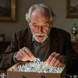 an excited old man opening an amazon package full of diamonds