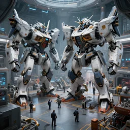 busy repair bays of giant mechs, futuristic, automation, highly detailed, artstation, intricate detail, volumetric lighting, hdr, 4 k