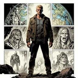 detailed photorealistic last human on earth stand comic panel story in the style of moebius mike mignola william gibson paul lung roberto bernadi issues 1