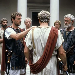 a cheap film photograph of Roman Senators stabbing Julius Caesar in the back
