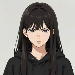 portrait of a beautiful korean girl with very long hair and bangs, angular features, angry expression, wearing a black hoodie, in the style of studio trigger, extremely clean lines, anime and manga style, anime concept art