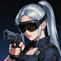 girl silver ponytail hair, with night vision goggles, holding a gun, illustration by Yoji Shinkawa and Krenz Cushart, cinematic portrait