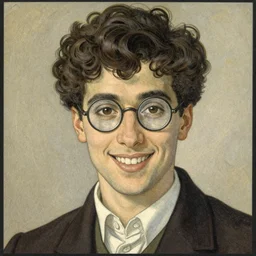 illustration of jewish young man with glasses, dark short curly hair smiling, in the style of arthur rackham colorful
