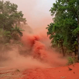 faraway red sandstorm incoming onto a green forest, photorealistic, highly detailed, misty day
