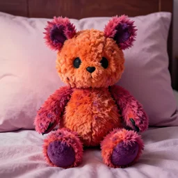 photograph of a crusty plushy on a bed, fluffy plush, spooky, vibrant color photo