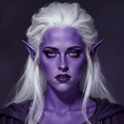 head-on centered symmetrical painted portrait, violet-skinned Kristen Stewart as a D&D wizard, dark-purple skin, white hair, elf ears, fantasy, highly detailed, digital painting, smooth, sharp focus, illustration, dramatic lighting, artstation, in the style of Artgerm and Anna Podedworna and Alex Ross