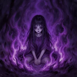 young creepy girl sitting inside circle of dark !!!!!purple fire!!!!!, painted by raymond swanland, little nightmares, detailed,