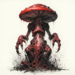disturbing grunge image of a demon infested fungus, 2 meters tall. horror airbrush art, by atey ghailan, by greg rutkowski, by greg tocchini, by tom bagshawred, colored ink on wet sketchbook paper, white, red, black, crimson and grey color scheme