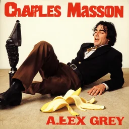 vintage magazine advertisement depicting charles manson slipping on a banana peel, by alex grey