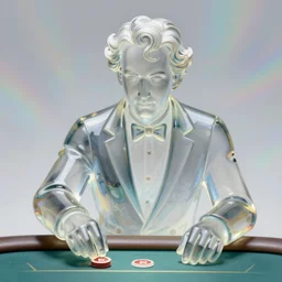 a beautiful glass statue like of larry david playing poker, shiny reflective surfaces, transparent, luminous scene, by greg rutkowski and alphonse mucha, d & d character, gradient white to silver, in front of an iridescent background, highly detailed portrait, digital painting, artstation, concept art, smooth, sharp focus ilustration, artstation hq