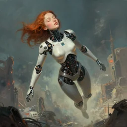 detailed, sharp, portrait a dreaming humanoid female automata floating above a dystopia by James Gurney, by Simon Stalenhag, by Greg Rutkowski, digital art, surreal, trending on artstation, HD, 8K, highly detailed, good lighting. beautiful. epic.