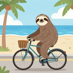 drawing of a sloth urban outfitters style riding a bike going to the beach