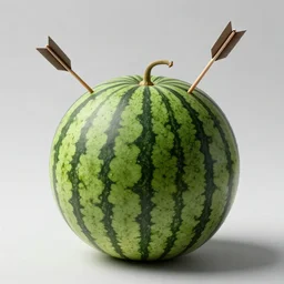 A photo of a whole watermelon, The watermelon was shot by an arrow that is now sticking out.