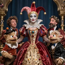 detailed ultrarealistic photography medium shot of fantasy jester queen and furry muppet puppet leyendecker, norman rockwell, ian miller, artstation cinematic, vray dark crystal, legend ( 1 9 8 5 )
