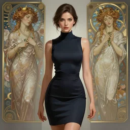 young attractive business woman in pencil miniskirt and sleeveless turtleneck, sci - fi, highly detailed, digital painting, artstation, concept art, smooth, sharp focus, illustration, art by artgerm and greg rutkowski and alphonse mucha