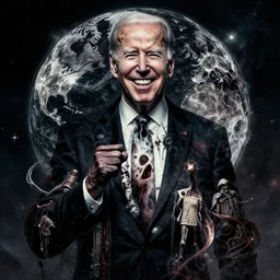 Joe Biden grinning all powerful emperor of the world, high contrast, cosmic horror, abstract, masterpiece, trending on ArtStation, by Greg Rutkovski and by Craig Mullins and by David Cronenberg and by Ismail Inceoglu, dark