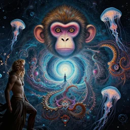 lsd visuals dmt visuals shroom visuals a monkey face spirals and fractal designs infinity by Paul Lehr and Michaelangelo and moebius and beeple and in the middle a portal back to reality, filmic, cinematic, jellyfish