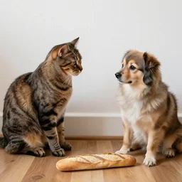 cat hit dog with baguette