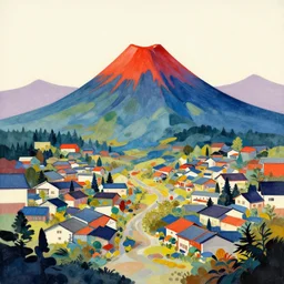 a Japanese village surrounding a Volcano, abstract drawing, trending on ArtStation
