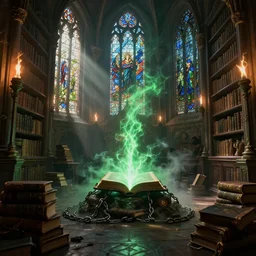 citadel of magic, mage room, library, chained living books, glowing, necronomicon, smoke, green thunders, baroque, torches, stained glass windows, sun light rays, vegetation, dreamy mood, Darek Zabrocki, Karlkka, trending on Artstation, 8K