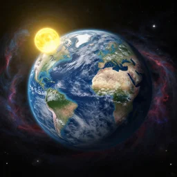 a detailed matte painting of a marble - like water planet with continents orbiting a yellow sun in a sea of stars surrounded by colorful swirling gas clouds, by petros afshar, marc simonetti, trending on artstation, deviantart, planet, clouds, earth, exoplanet, stars, nubulae hubble, 8 k, 4 k