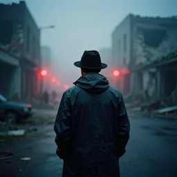 analog photograph of a man from the back wearing a raincoat and a hat in a ( ( destroyed city ) ) fog at night by mark owen. red lights. bokeh. cinematic. hq. detailed. contrast. cinestill 8 0 0 t