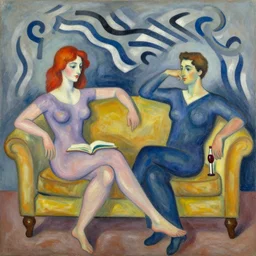 woman, man, sofa, wine, book, auburn hair, by robert delaunay endless rhythm