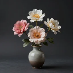 realistic photo of three beautiful flowers in vase, sharp focus, smooth dark background, wide angle shot, very hyper realistic, highly detailed, fantasy art station
