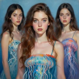 a beautiful woman in a jellyfish themed dress. beautiful highly detailed face, looking directly at the viewer. painting by artgerm and greg rutkowski and magali villanueve.