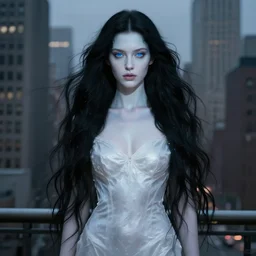 long shot, full body portrait of a beautiful goddess, magical, pale skin, blue eyes, long black hair, in the middle of New York,  by pete mohrbacher and greg rutkowski