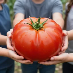 a group of people holding the world's largest tomato, hyper realistic, very detailed.
