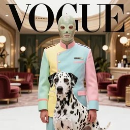 vogue photoshoot octane render portrait of 1 0 1 dalmatian with white background, focus on an eccentric man in a bright colorful pastel wes anderson uniform and a latex mask inside a high - end exotic vintage boutique hotel lounge, very short depth of field, bokeh