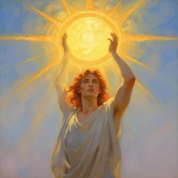 portrait of a mythical hero named horizon, who lifts the sun into the sky every morning. art by gaston bussiere.