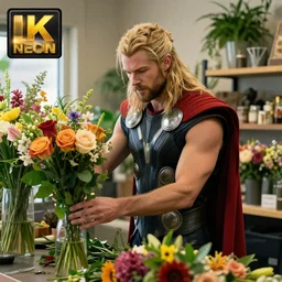 Thor working at a flower shop arranging flowers in the new avengers movie, 4k