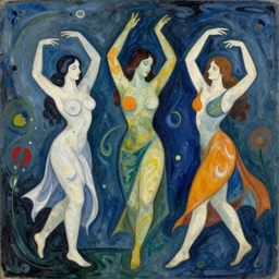 the three graces multicolored dancing, abstract, miro, cinematic, intricate details