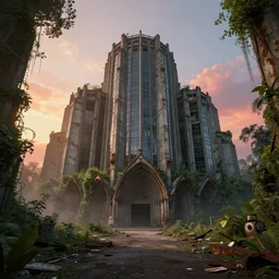 ground level, cathedral, brutalist architecture, abandoned, empty streetscapes, overgrown jungle, natural volumetric light, mist, sunset, rusted steel, concrete, glass, stunning skies, scattered rubbish and debris, 8 k, finely detailed, unreal engine, imax, cinematic, beautifully illustrated, sharp focus, minimal artifacts, doom, greg rutkowski, artstation