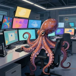 drawing of an octopus multitasking in a computer workroom in front of many colorful monitors, caricature style,