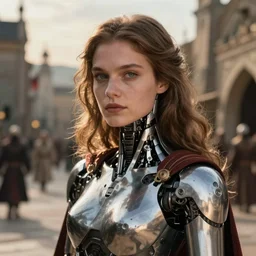 cyborg woman. medieval landscape. photo on the street. high definition