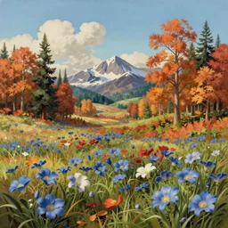 landscape by albert bierstadt, studio ghibli matte painting nature apocalyptic mercury flowers at fall meadow, archdaily, wallpaper, highly detailed, trending on artstation.
