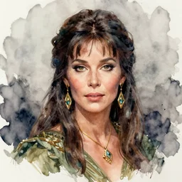 a realistic and atmospheric watercolour fantasy character concept art portrait of jane fonda in her 2 0 s as a druidic warrior wizard looking at the camera with an intelligent gaze by rebecca guay, michael kaluta, charles vess and jean moebius giraud
