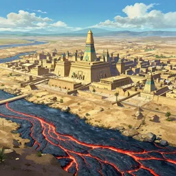 wide view of a ancient Egyptian city next to a river of lava , rendered by Beeple, by Makoto Shinkai, synthwave style, environment concept, digital art, unreal engine, WLOP, trending on artstation, 4K UHD image,