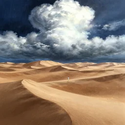 highly detailed illustration of giant sand dunes with fireflies and rain at night and lots of high exposure cummulonimbus clouds by makoto shinkai, by moebius, by oliver vernon, by joseph moncada, by damon soule, by manabu ikeda, by kyle hotz, by dan mumford, by otomo, 4 k resolution
