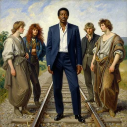 a beautiful painting of stevie wonder on train tracks by john everett millais and dante gabriel rossetti and john collier and john william waterhouse, preraphaelite, detailed, trending on artstation, hd, masterpiece
