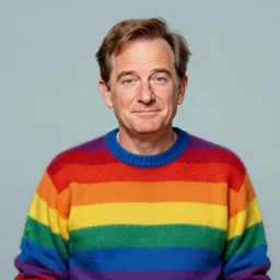 portrait painting of robin williams, he is wearing a rainbow colored pullover