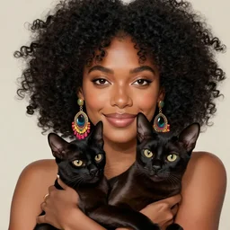 an adult black woman, light skin, colorful ornate earrings, curly 3 c black hair, smile on her face, brown eyes, holding her small black bombay cat in the style of alex grey, trending on art station 8 k