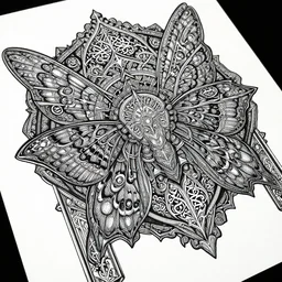 a dark ancient complex arabic ornaments with mandala and moth wings texture, full of details and delicate, high - quality fabric texture white paper + tarot card realistic detailed sci - fi illustration designed by marc simonetti mike mignola alfons maria mucha, peter mohrbacher, 8 k resolution + white ink, psychedelic black light style + intricate white ink illustration + symmetry + ornate details